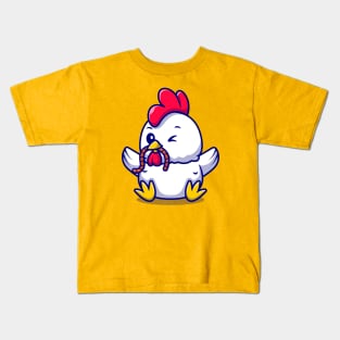 Cute Rooster Chicken Eating Worm Cartoon Vector Icon Illustration Kids T-Shirt